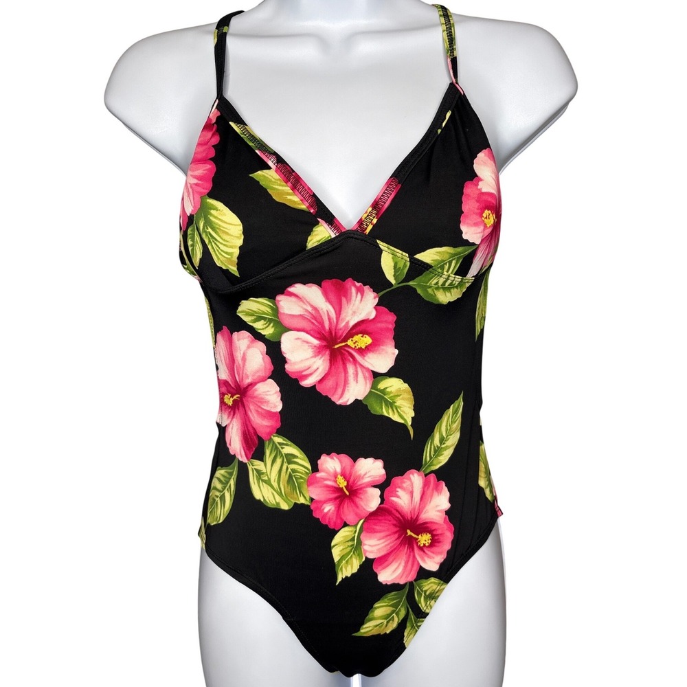 Islander Black Floral Cross Back One Piece Swimsuit 6 Tropical Hibiscus Beach